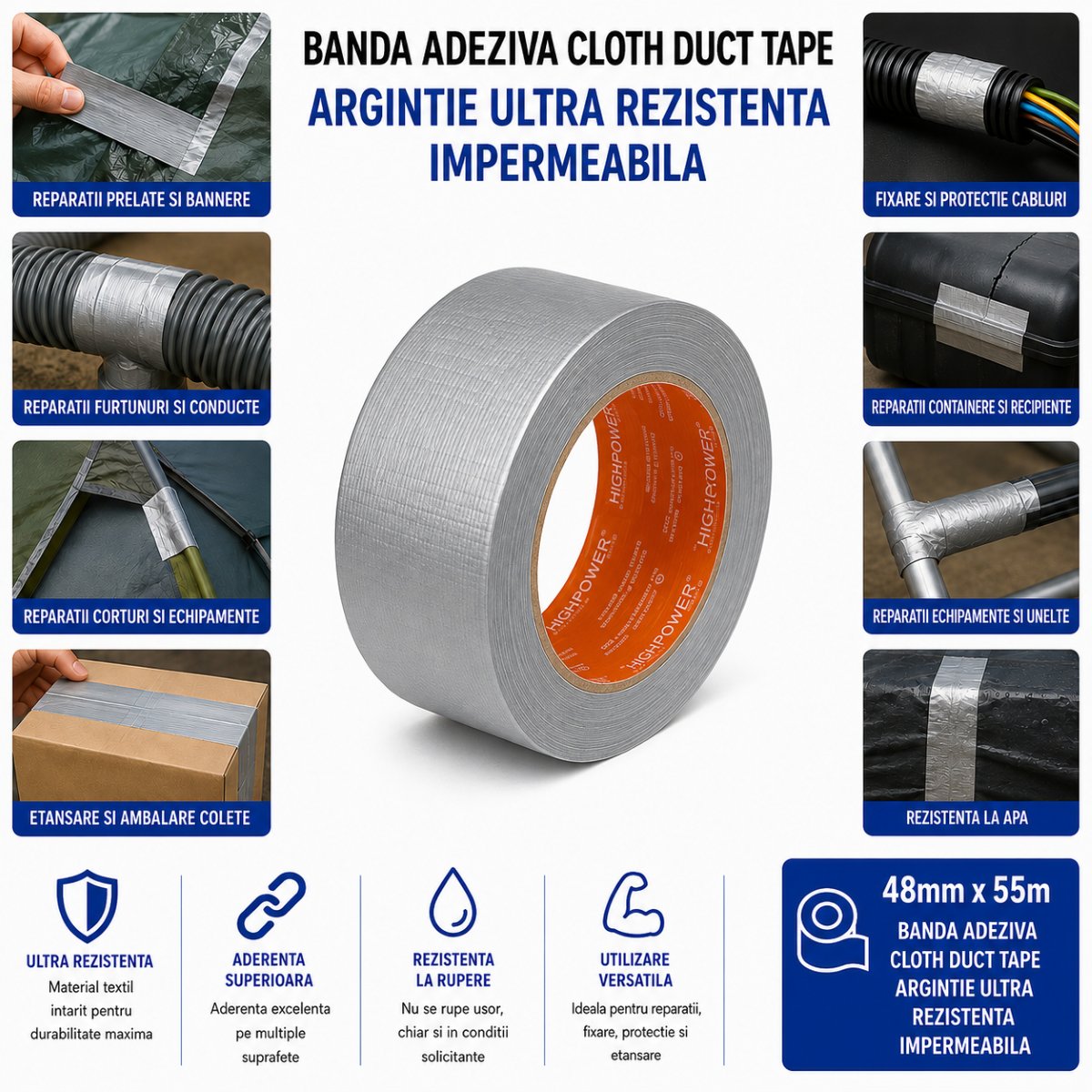 HighPower ezüst Duct Tape textil ragasztószalag 48mm x 55m javításokhoz
