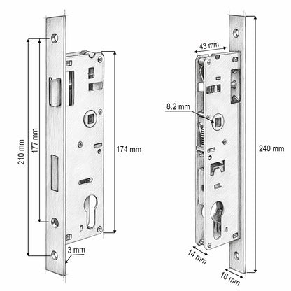 Beépített ajtózár nyelvvel 43x174mm, előlap 16x240mm, szatén nikkel, csavarok mellékelve
