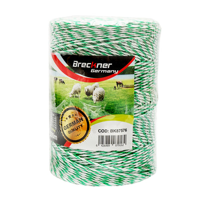 Fehér-zöld huzal tekercs 2.5mm fi 2.5mm fém betét 4x0.2mm SS, ellenállás 7 Ohm/m, 500m elektromos kerítés Breckner Germany