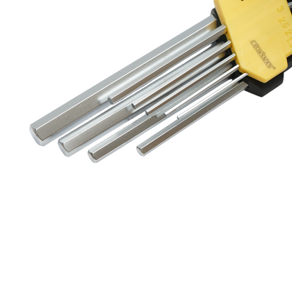 9 darabos Cr-V Crownman 1,5-10 mm-es hosszúkarú, 1,5-10 mm-es hatszögletű dugókulcs-készlet 1,5-10 mm-es hatszögletű dugókulcsok