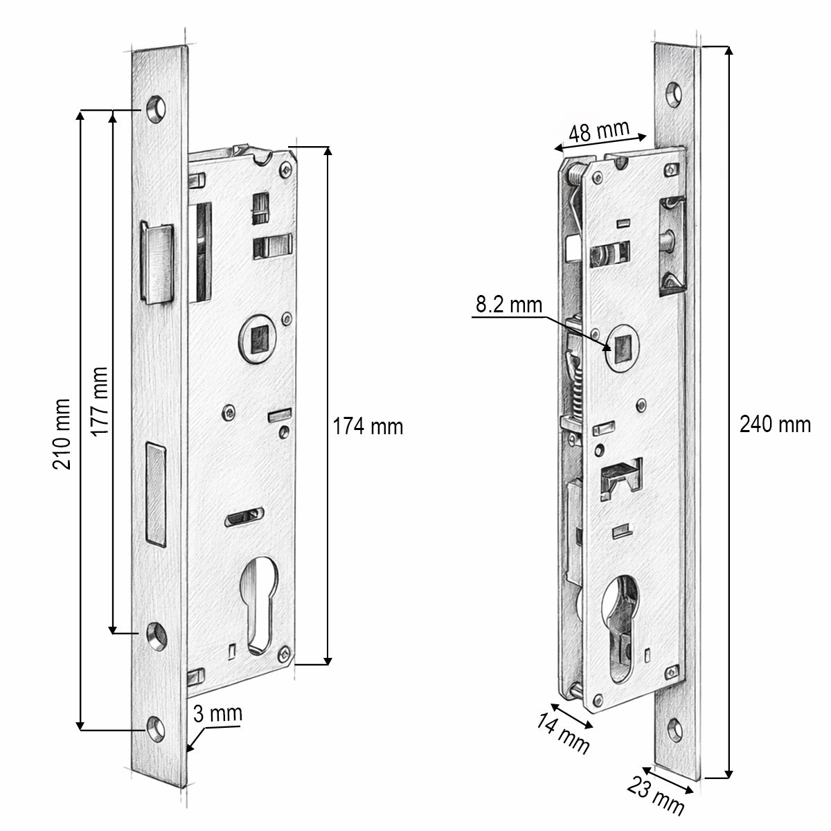 Beépített ajtózár nyelvvel 48x174mm, előlap 23x240mm, szatén nikkel, csavarok mellékelve
