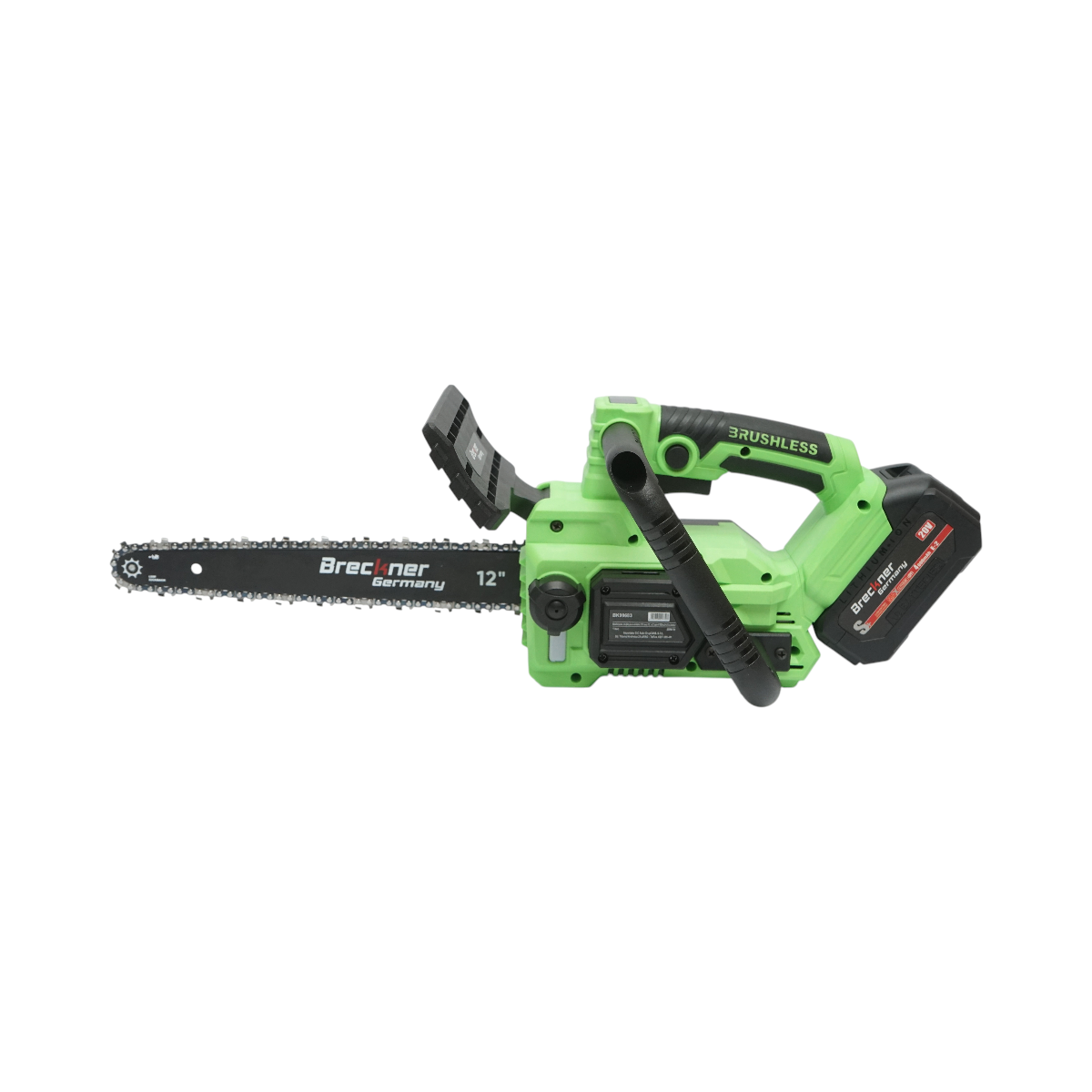 Professzionális elektromos láncfűrész 2 darab 20V, 4Ah Li-ion akkumulátorral, brushless motor, LED digitális kijelző, 12 inch (300mm) lánc Breckner Germany