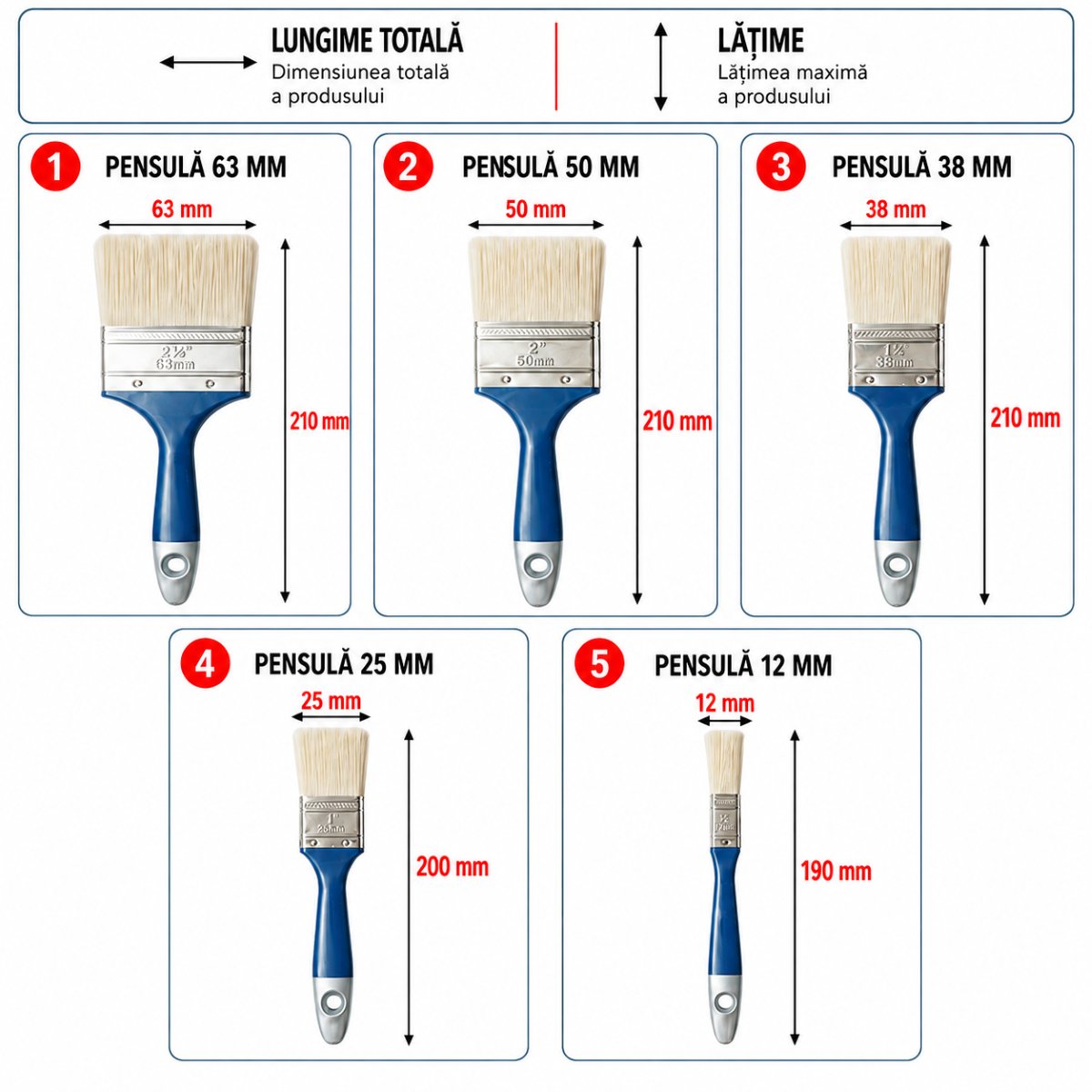 5 darabos lapos festőecset szett 12mm, 25mm, 38mm, 50mm, 63mm, PET szál, PP nyél Breckner Germany