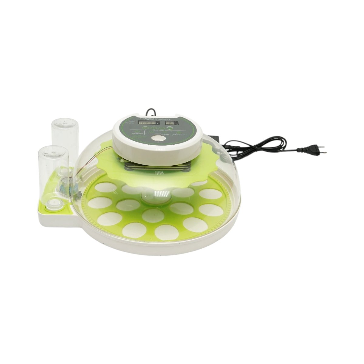 Automata tojásinkubátor, keltető gép 18 tojáshoz 60W, 12V-220V, automata fordítás, LED ovoszkóp, hőmérséklet-szabályozás, páratartalom, digitális kijelző, riasztás