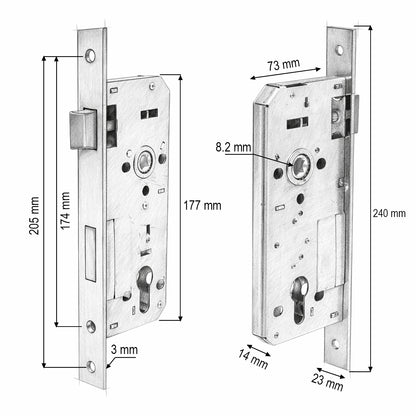 Beépített ajtózár nyelvvel 73x177mm, előlap 23x240mm, szatén nikkel, csavarok mellékelve