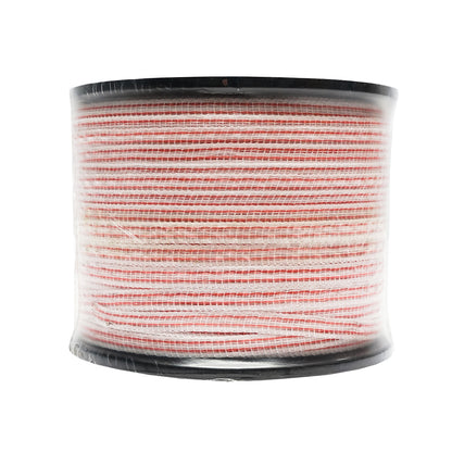 Piros-fehér 10mm piros-fehér szalag tekercs fém betét 4x0.16mm SS, ellenállás 13 Ohm/m, 250m elektromos kerítés Mezofarm