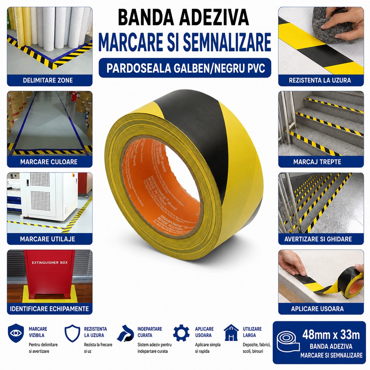 HighPower PVC sárga-fekete figyelmeztető és jelölő padlószalag 48mm x 33m