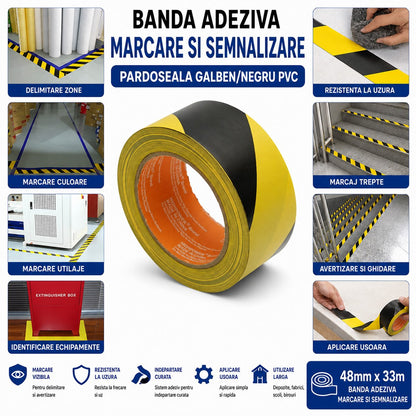 HighPower PVC sárga-fekete figyelmeztető és jelölő padlószalag 48mm x 33m