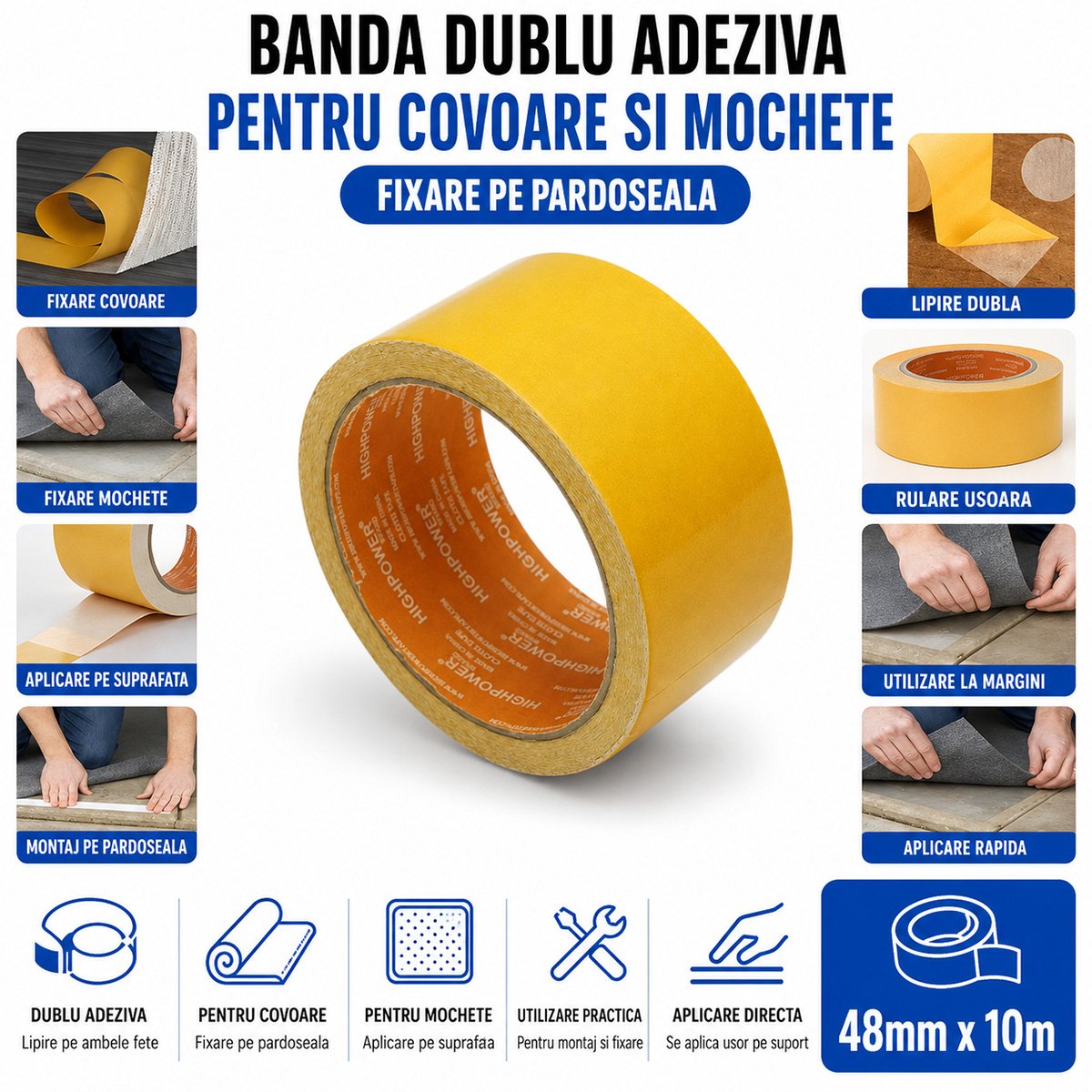 Kétoldalas textil ragasztószalag 48mm x 10m szőnyegekhez és szőnyegekhez HighPower