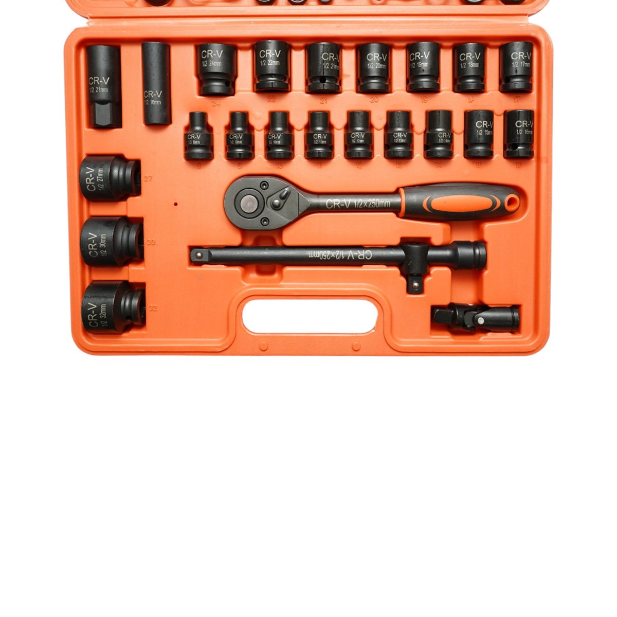 Csőkulcs készlet 8-32mm és fix-gyűrűs kombinált kulcsok 6-19mm, racsnis hajtás, T-hosszabbító 250mm, kardántengely 1/2 inch Cr-V 37 darabos Breckner Germany