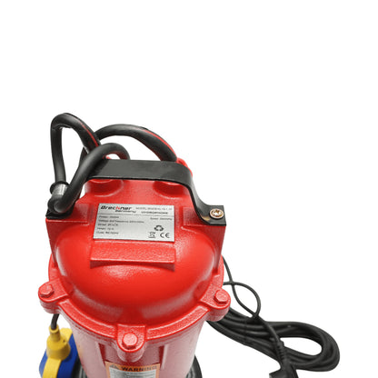 Merülő szennyvízszivattyú, merülő vízelvezető úszóval és chopperrel 2600W, 220V, H12m, áramlási sebesség 333 L/min, kábel 8m Breckner Germany