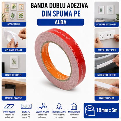 HighPower fehér PE hab dupla ragasztó szalag 18mm x 5m