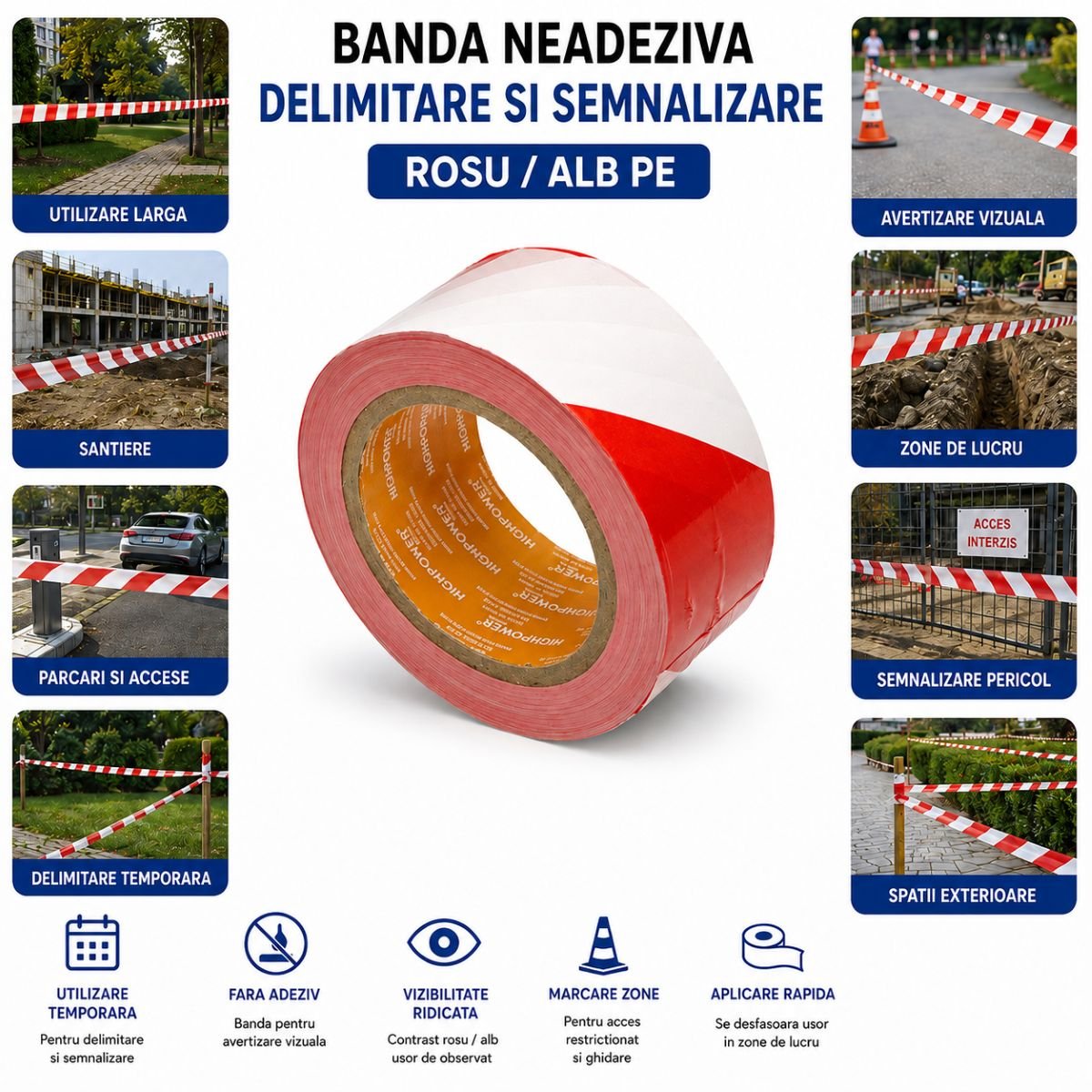 Elhatárolási és jelzőszalag 50mm x 300m piros-fehér PE HighPower