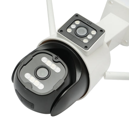 6MP kettős objektíves megfigyelő kamera, P2P WIFI 2.4G 1080P, PTZ mozgásérzékelővel, emberérzékeléssel és iCSee alkalmazással.
