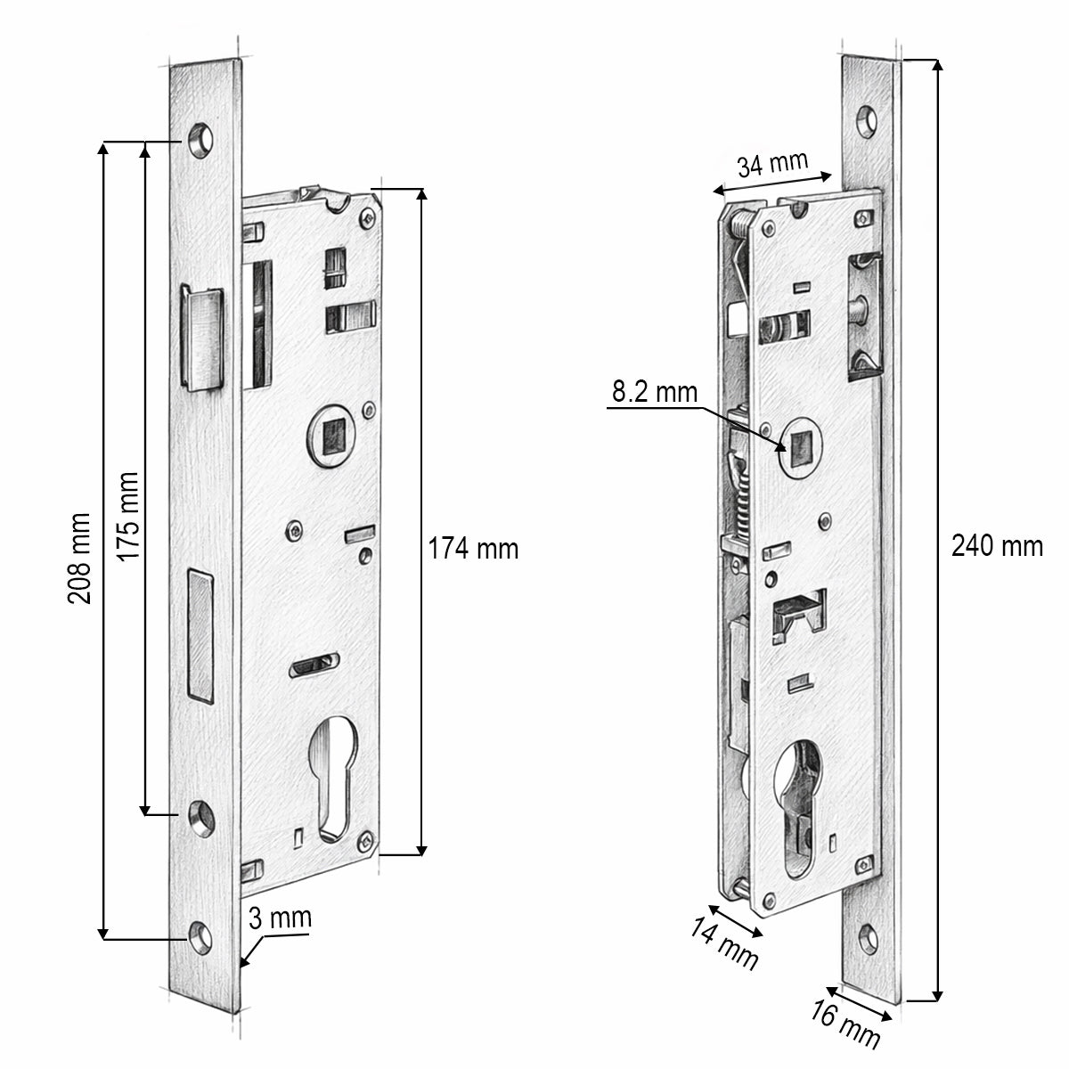 Beépített ajtózár nyelvvel 34x174mm, előlap 16x240mm, szatén nikkel, csavarok mellékelve