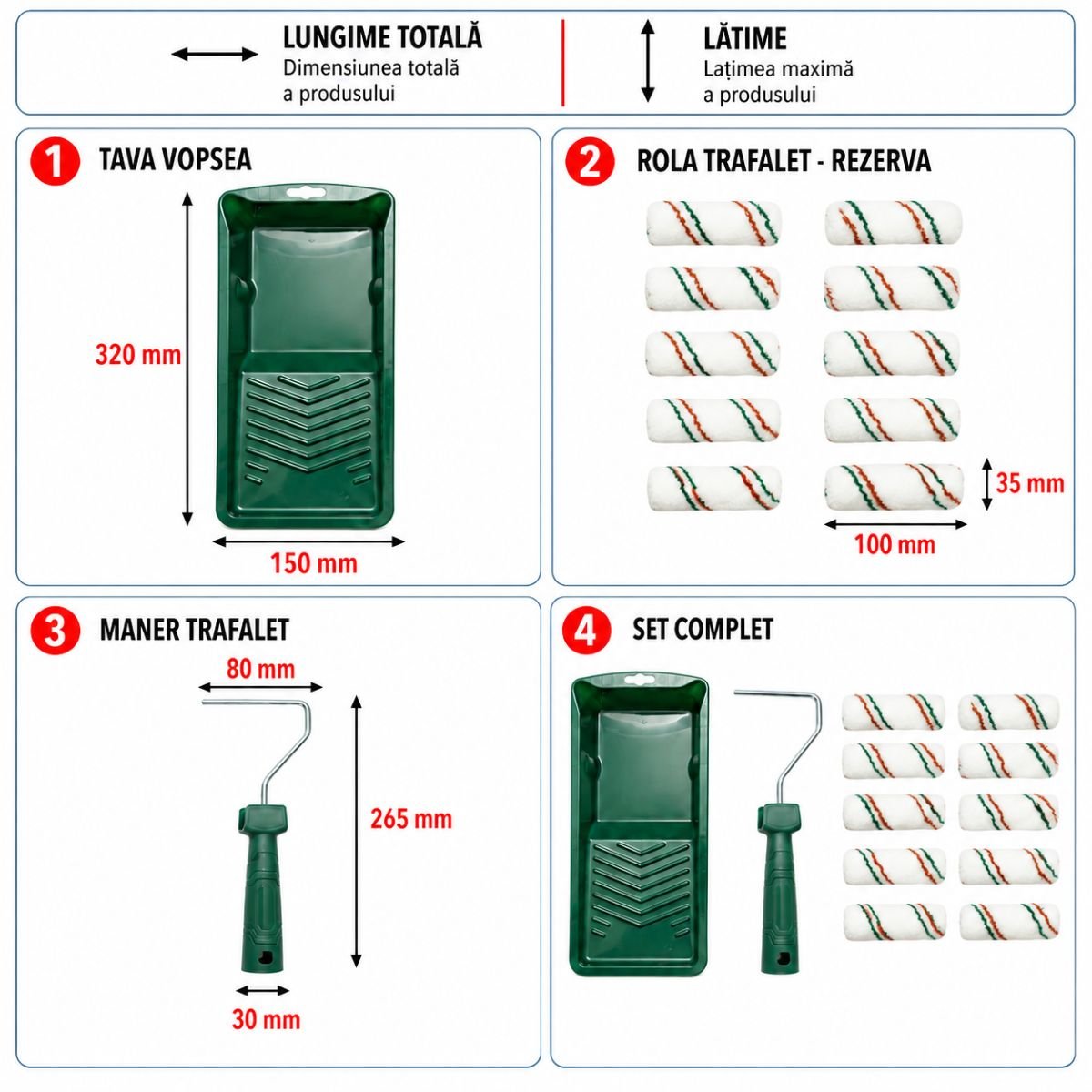 Mini festőhenger szett 10 db poliészter hengerrel 10cm, PP nyéllel, festékcsészével, tartalék csészével 13 darabos Breckner Germany