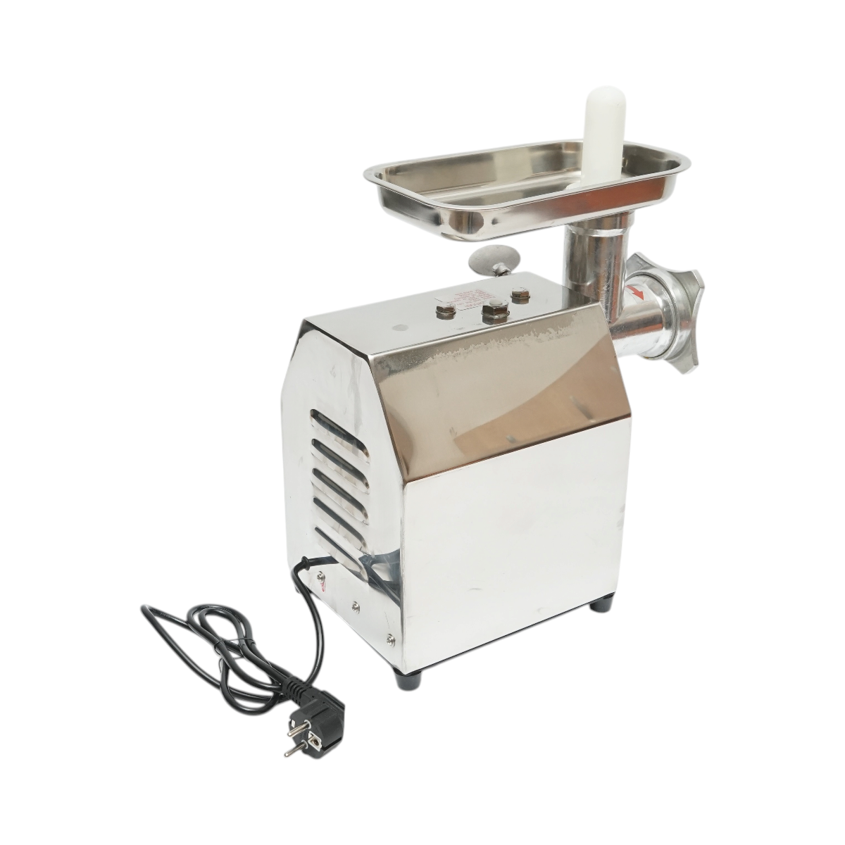 Elektromos húsdaráló rozsdamentes acél + alumínium 1200W, 220V, 100 kg/h kapacitás, kolbászadapter, 1 szita és 1 kés tartozékkal 340x185x365mm