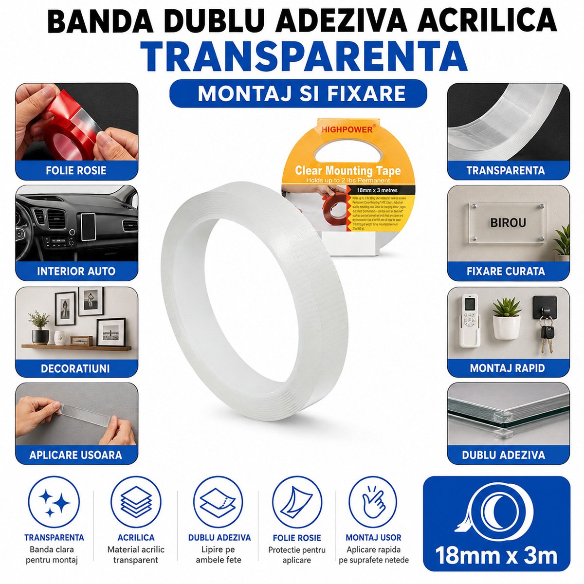 HighPower átlátszó erősített akril dupla ragasztószalag 18mm x 3m