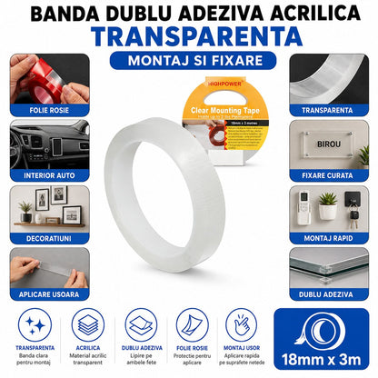 HighPower átlátszó erősített akril dupla ragasztószalag 18mm x 3m
