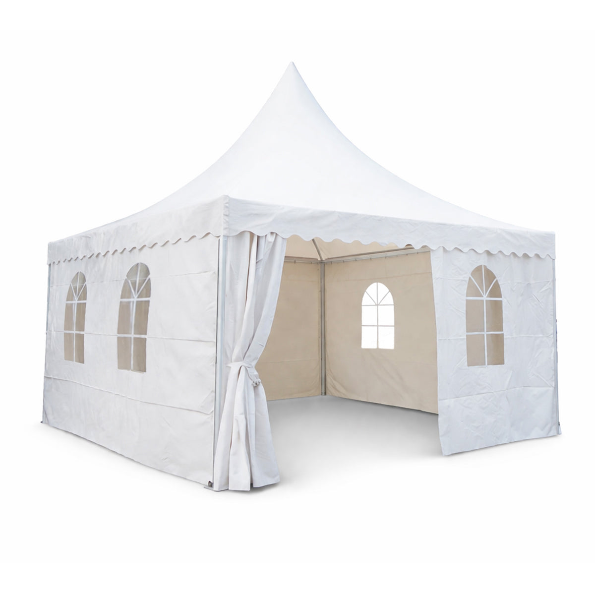 Pagoda típusú eseménysátor pavilon 5x5m, fehér UV-álló vízálló, PVC 750g/m2 tetőzet, acél-alumínium keret 48x48x2.5mm
