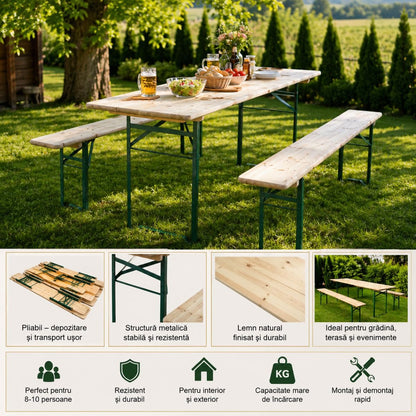 Söröző szett asztallal és 2 összecsukható padlóval masszív fából kerthez, terasszhoz, eseményekhez 2200x600x770mm