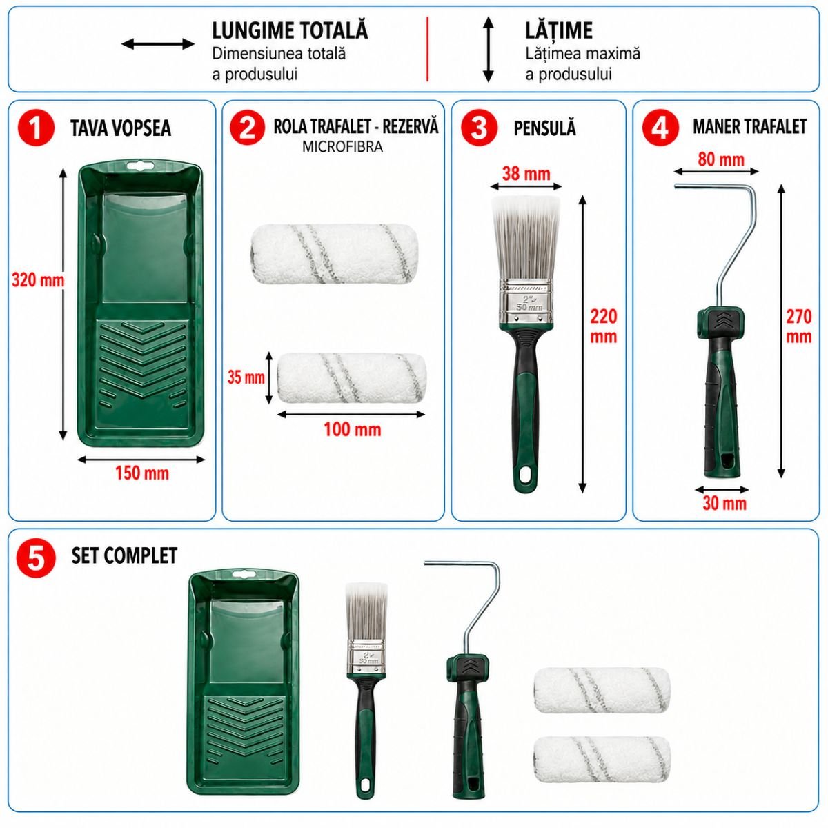 Mini festőhenger szett 2 db akril henger 10cm, lapos ecset 38mm, 2K nyél, festékcsészealj, tartalék csészealj 6 részes Breckner Germany
