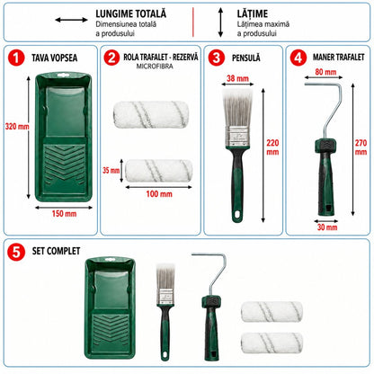 Mini festőhenger szett 2 db akril henger 10cm, lapos ecset 38mm, 2K nyél, festékcsészealj, tartalék csészealj 6 részes Breckner Germany