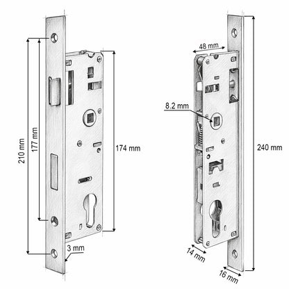 Beépített ajtózár nyelvvel 48x174mm, előlap 16x240mm, szatén nikkel, csavarok mellékelve