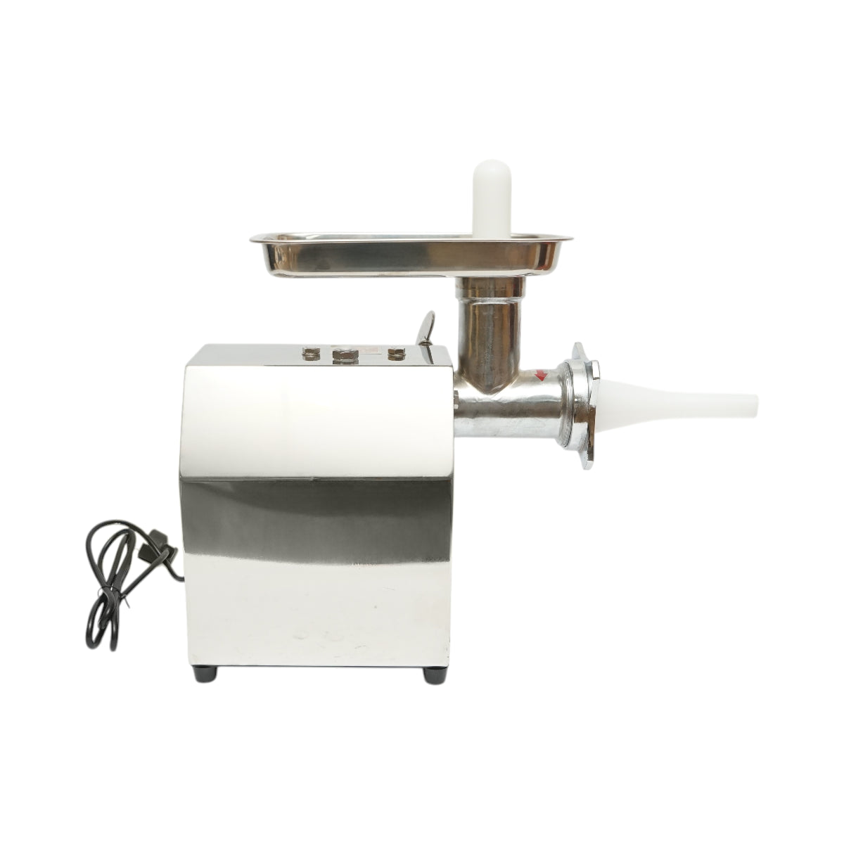Elektromos húsdaráló rozsdamentes acél 600W, 220V, 100 kg/h kapacitás, kolbászadapter, 2 szita és 2 kés tartozékkal 340x185x365mm