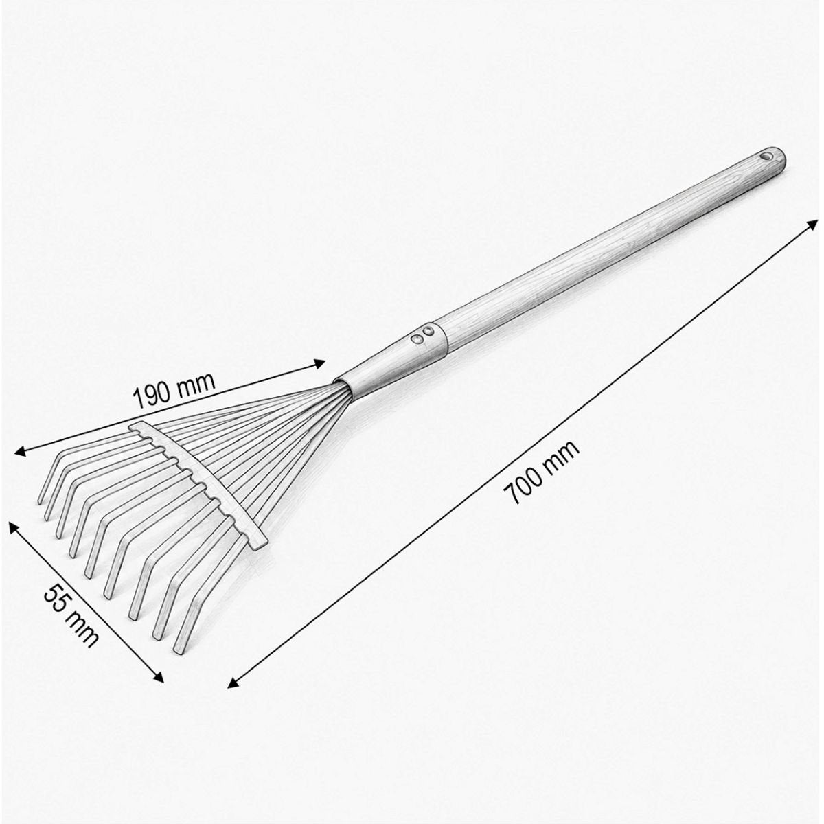 Breckner Germany fém levelseprű 9 fogú, fa nyéllel 510mm, teljes hossz 700mm