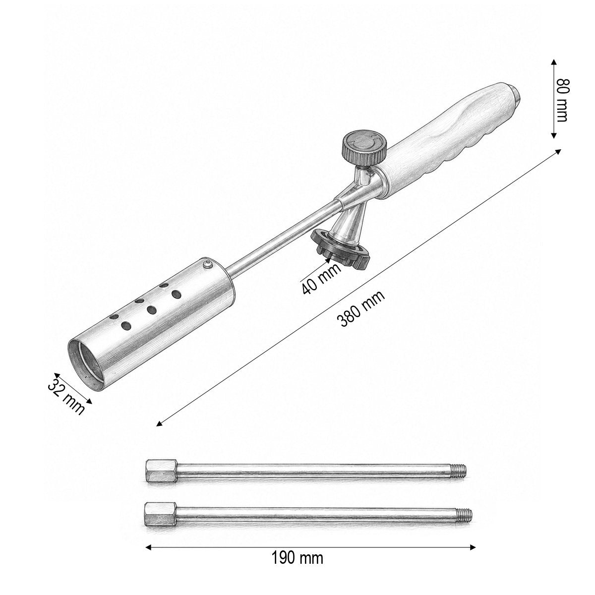 Kertégető gyomirtáshoz 380-760mm, 2 db 190mm-es hosszabbító, 360 fokos forgatás, kézi gyújtás, szabályozható láng 1350°C