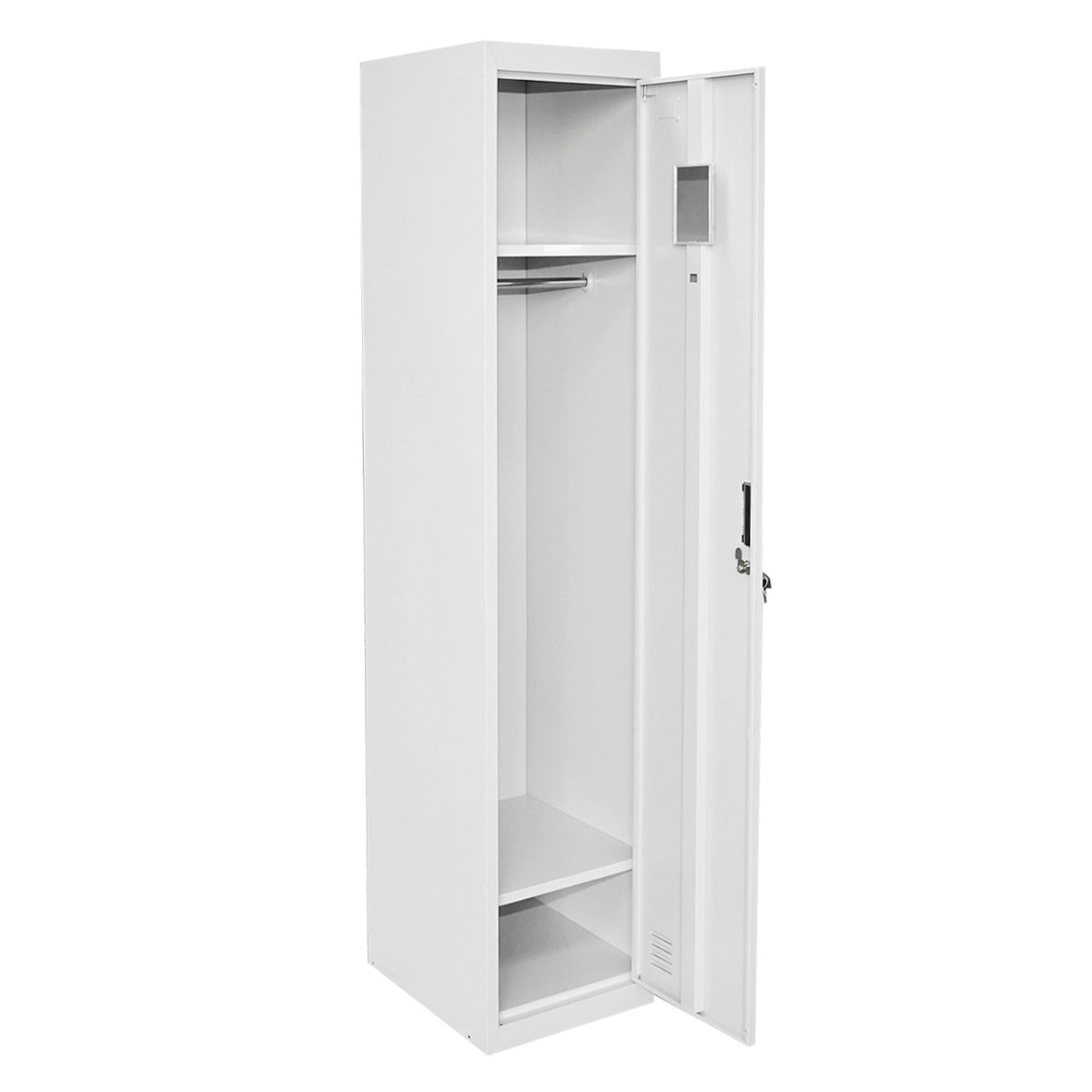 Fém dupla fém dupla fém gardróbszekrény szekrény szürke, biztonsági ajtóval, 2 polccal, rúddal, tükörrel és szellőzővel 1800x450x380mm Breckner Germany