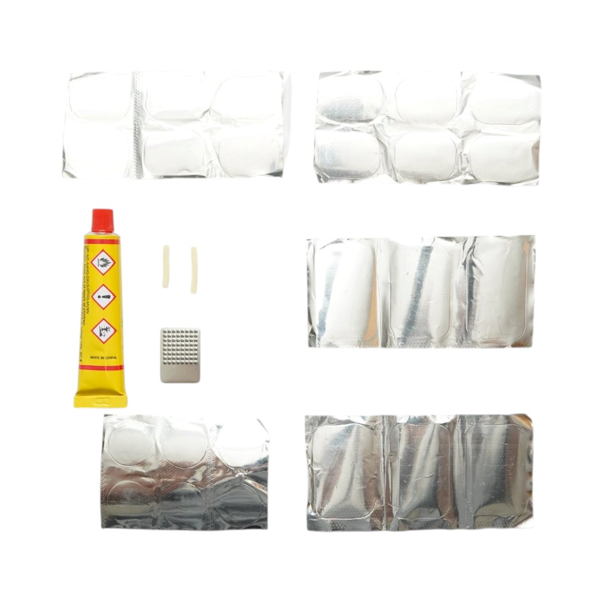 24 darabos gumijavító folt szett,  gumifolt, defektjavító, gumikhoz és belső tömlőkhöz 24x35mm, 25mm, 32x50mm + 1 db 20ml ragasztó tubus