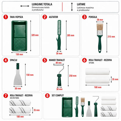 Festés és tapétázás szett 10cm-es sablon, 2 gyapjú henger, 2 szivacs henger, 38mm ecset, spatula, kézi keverő, festéktálca, 10 darabos tartalék tálca Breckner Germany