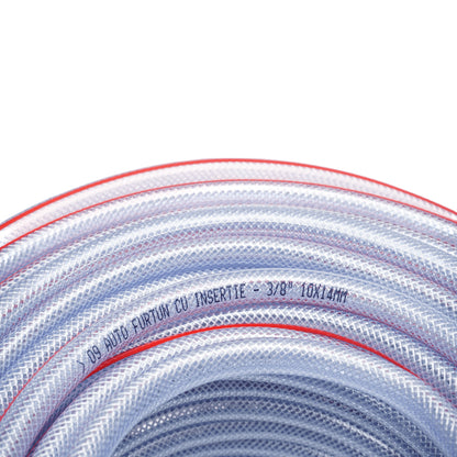 Átlátszó PVC kerti tömlő, slag, 3/8 inch (10mm), PN9 rúd, 10x14mm fonott textilbetéttel 50m/tekercs