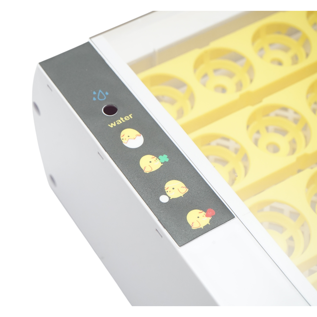 Automatikus keltető 24 tojás 60W, 220V, automatikus forgatással, hőmérséklet-szabályozással, páratartalom-szabályozással, digitális kijelzővel, LED megvilágítású tálcával.