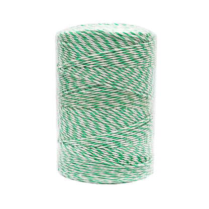 Fehér-zöld huzal tekercs 2.5mm fi 2.5mm fém betét 4x0.2mm SS, ellenállás 7 Ohm/m, 500m elektromos kerítés Thor