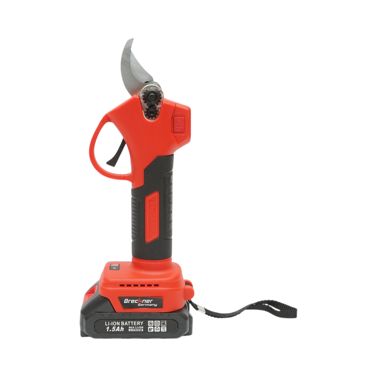 Breckner Germany 36V elektromos kerti olló 2 db 1.5Ah Li-Ion akkumulátorral, 100W, vágási átmérő 0-25mm, biztonsági gomb