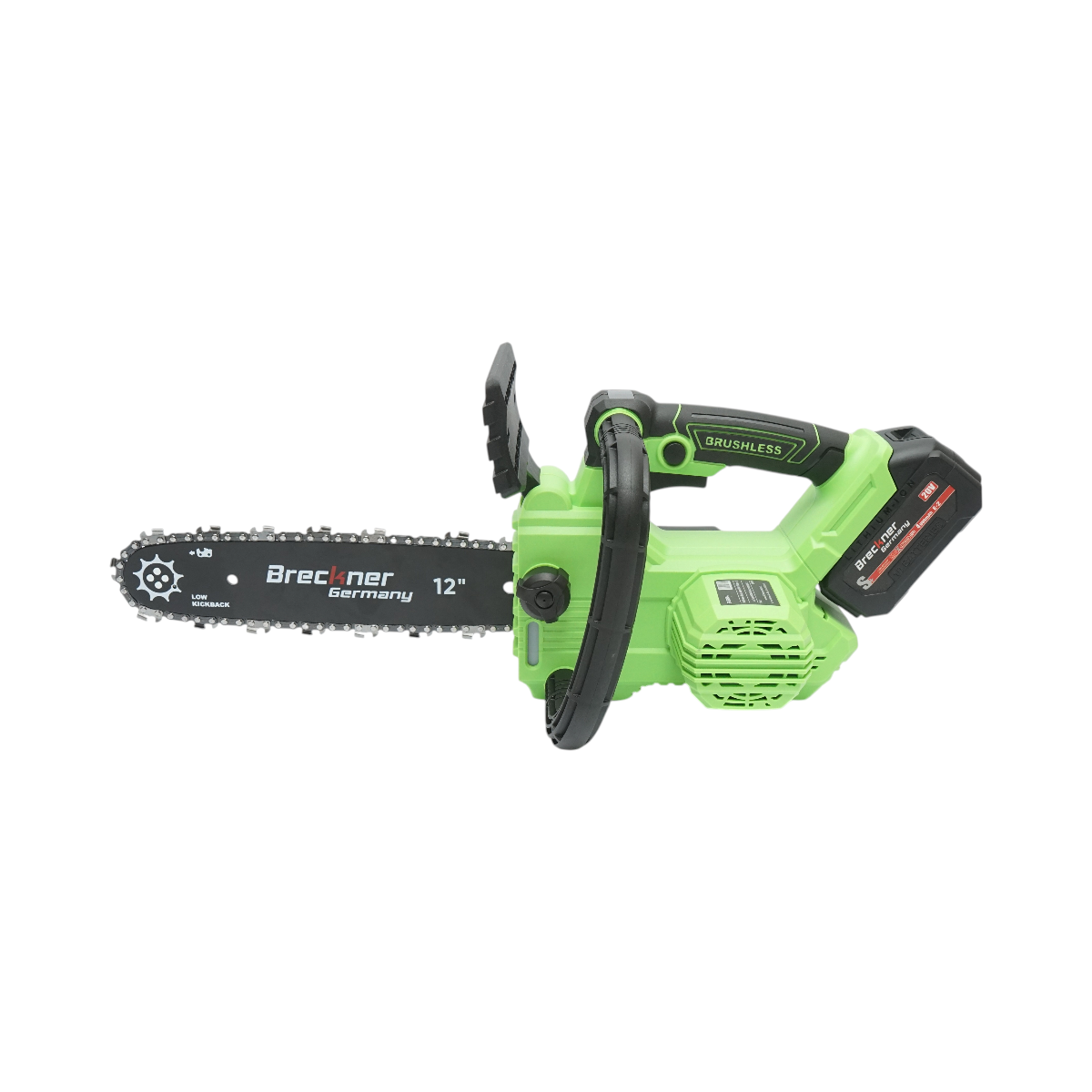 Professzionális elektromos láncfűrész 2 darab 20V, 4Ah Li-ion akkumulátorral, brushless motor, LED digitális kijelző, 12 inch (300mm) lánc Breckner Germany