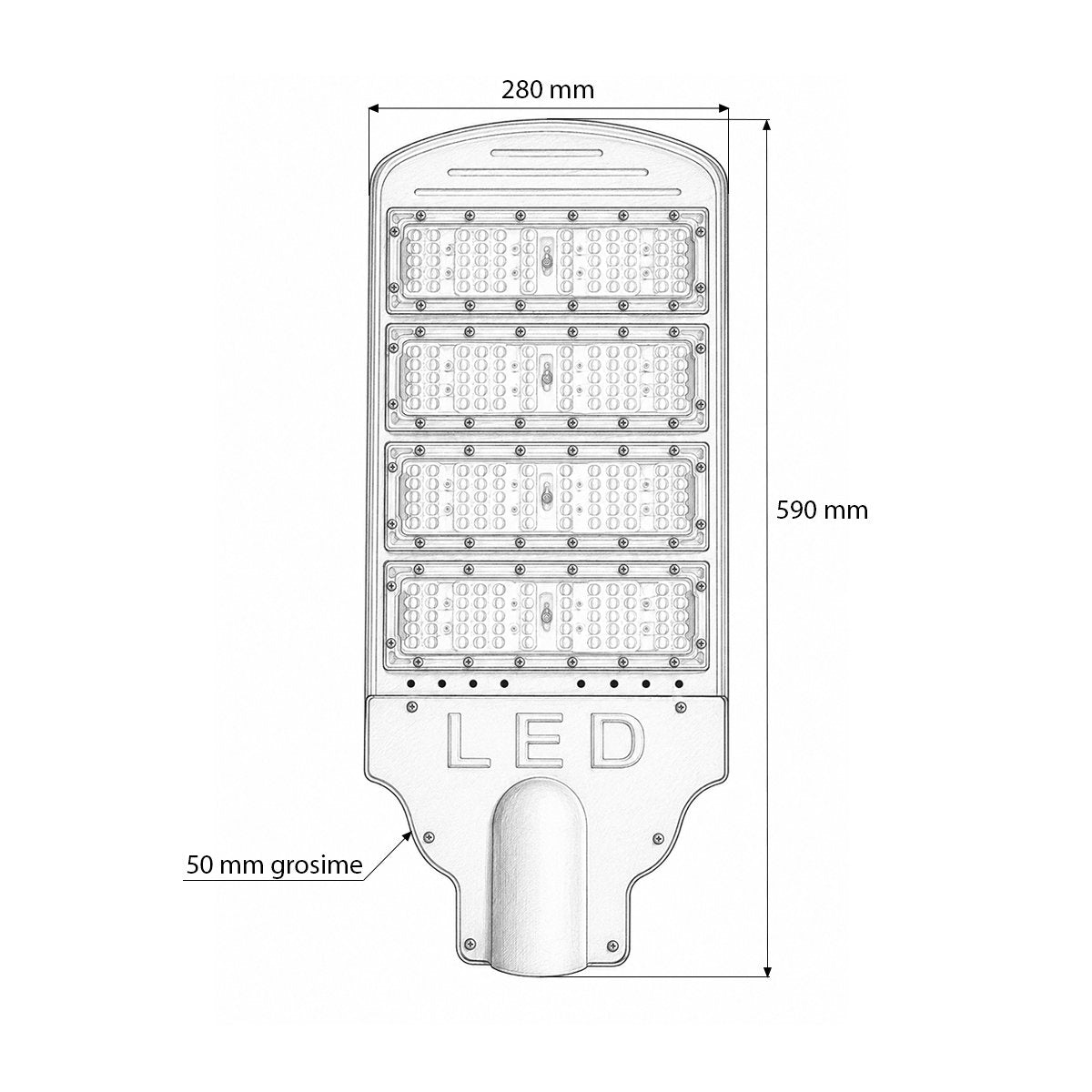 LED közúti világítólámpa 200W, 100-265V, 6500K, 26000lm oszlopra szerelhető 590x280x50mm IP66 Breckner Germany