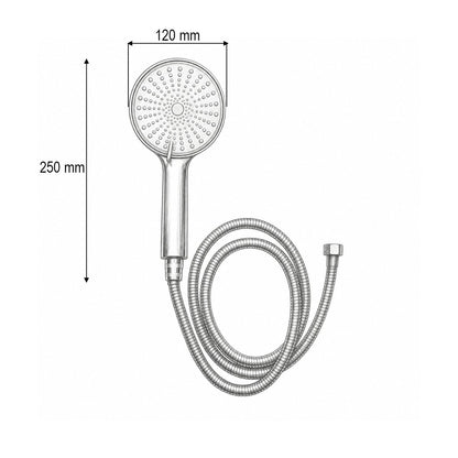 Zuhanyszett cinkozott tömlővel 1.5m, 3 funkció, szilikon fúvóka, fényes króm, műanyag 120x250mm