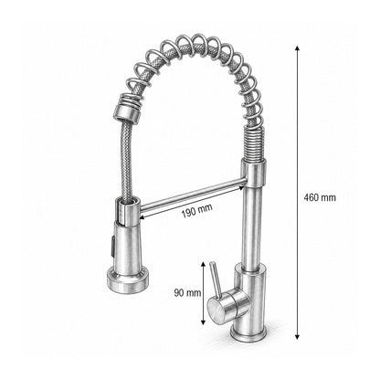 Konyhai csaptelep mosogatóhoz extractibilis zuhannyal, rugalmas ív, 2 funkciós perlátor, szálcsiszolt rozsdamentes acél, cink ötvözet, csatlakozó tömlők mellékelve