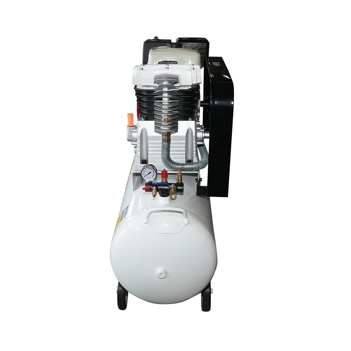 200 literes szíjhajtású légkompresszor, kompresszor 13 LE-s benzinmotor, maximális nyomás 8 bar, levegőbeömlési térfogat 600 l/perc Breckner Germany