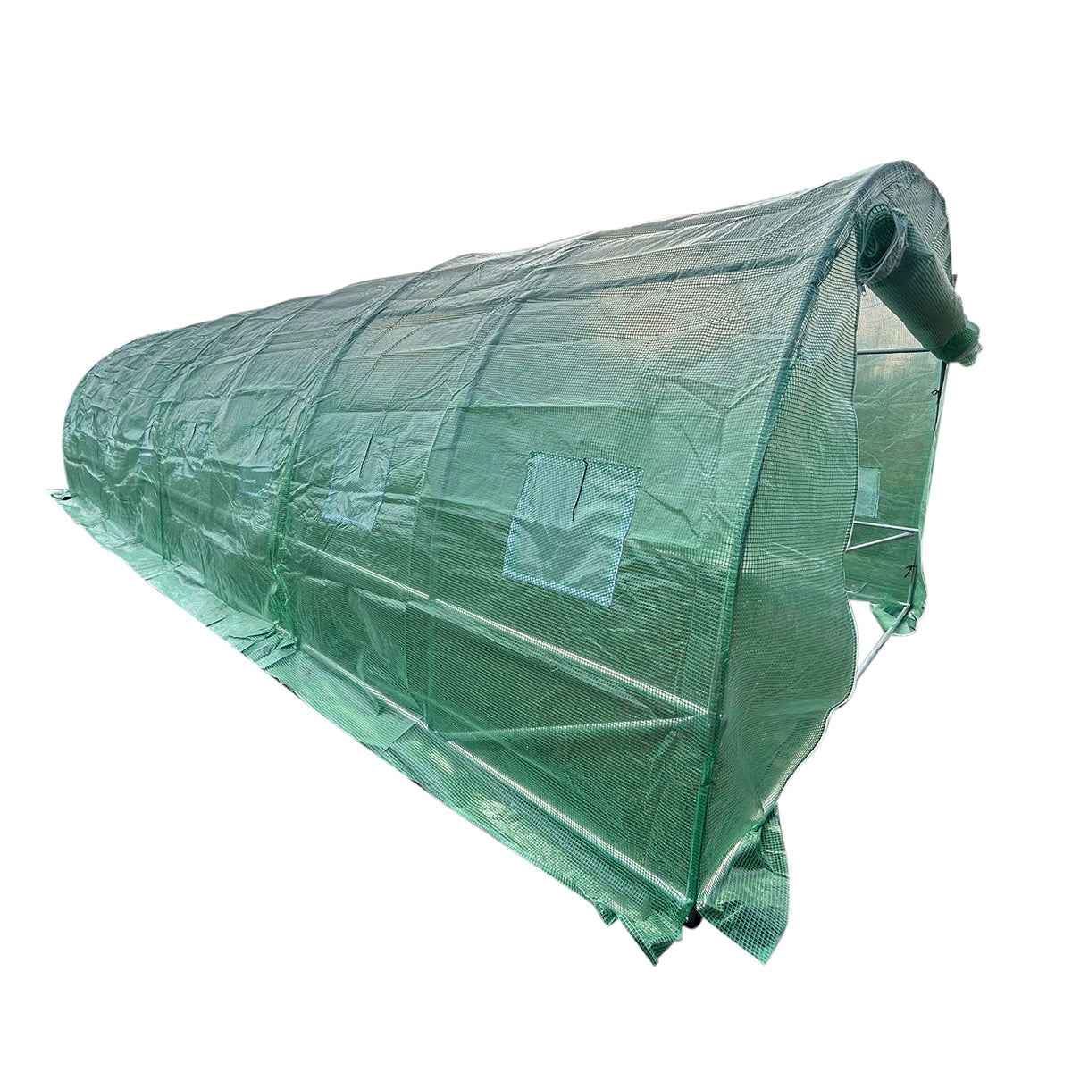 Kerti fóliasátor 800x300x200cm öntözőrendszerrel, zöld PE fólia 140g/mp UV hálóval, 16 ablak, 2 ajtó, 25mm horganyzott acélcső.