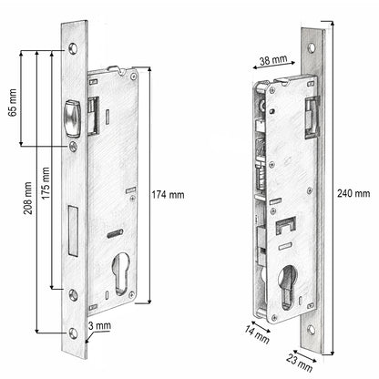 Beépített ajtózár görgővel 38x174mm, előlap 23x240mm, szatén nikkel, csavarok mellékelve