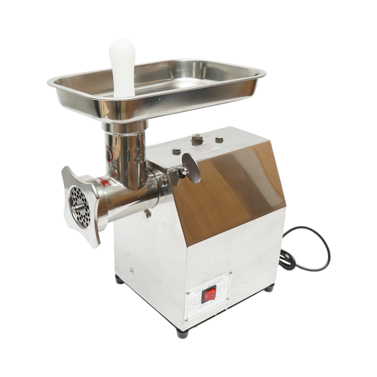 Elektromos húsdaráló rozsdamentes acél 1600W, 220V, 150 kg/h kapacitás, kolbászadapter, 1 szita és 1 kés mellékelve 380x210x415mm