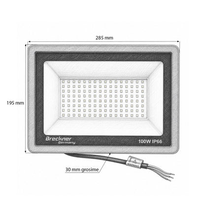 LED reflektor 100W, 100-265V, 6500K, 10000lm Flood típus 285x195x30mm IP66 Breckner Germany