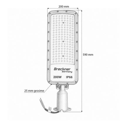 LED közúti világítólámpa 200W, 100-265V, 6500K, 22000lm oszlopra szerelhető 590x200x25mm IP66 Breckner Germany