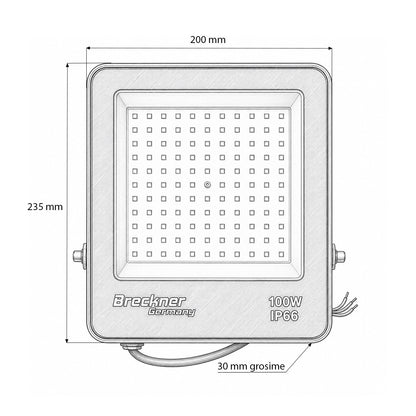 LED reflektor 100W, 220V, 6500K, 9000lm Flood típus 235x200x30mm IP66 Breckner Germany