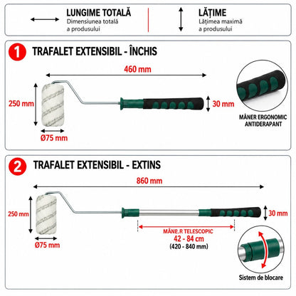 Poliakril festőhenger 25cm, henger átmérő 75mm, szál 18mm, teleszkópos fém nyél 42-84cm Breckner Germany